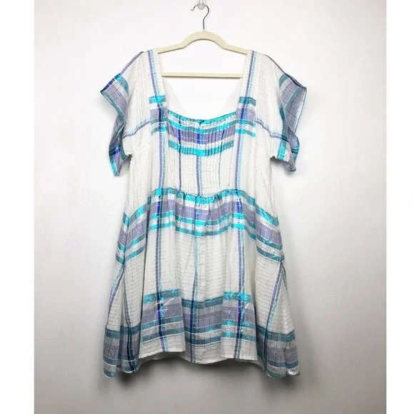 Free People Mini Dress White Blue Metallic Plaid S - Picture 2 of 13